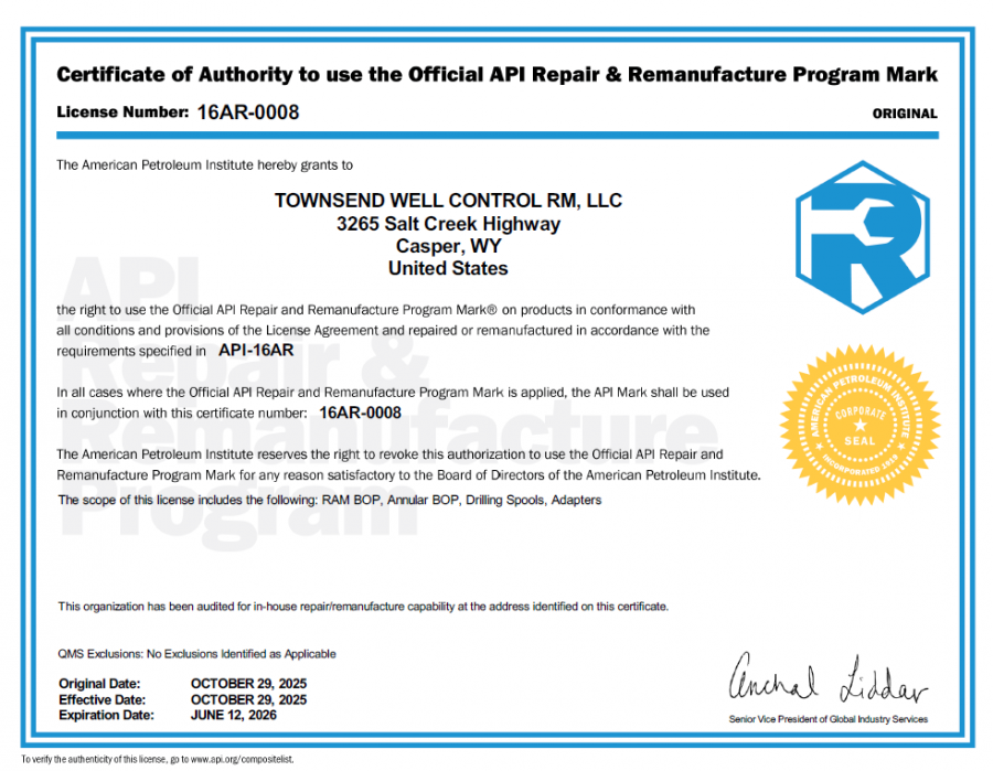 Townsend Well Control (Casper, WY) Becomes World's First Facility to Earn API 16AR License
