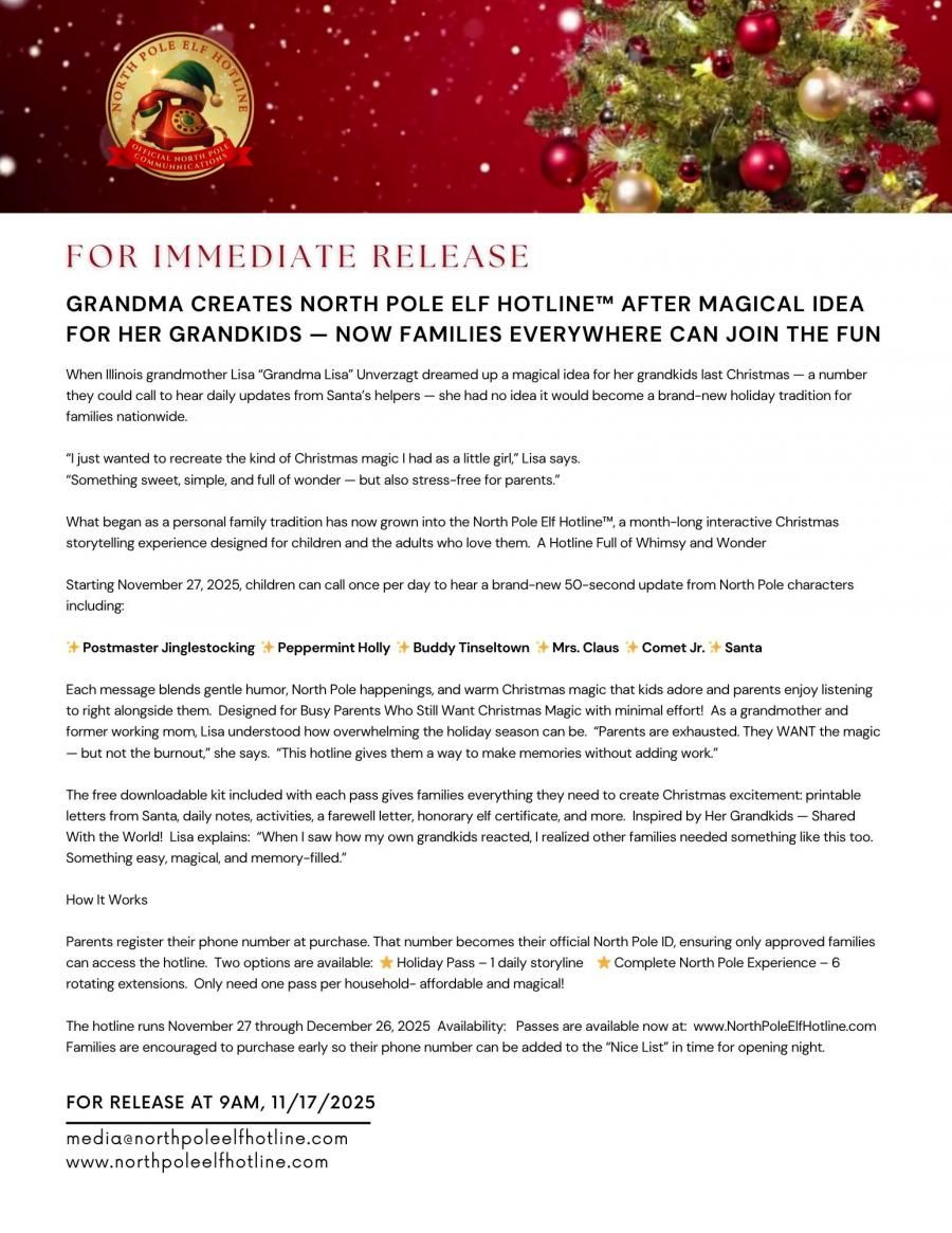 Illinois Grandmother Creates North Pole Elf Hotline for Parents Stress-Free Holiday Magic for their Families