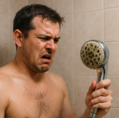 ShowerClear flip-open showerhead access helps manage bathroom mold